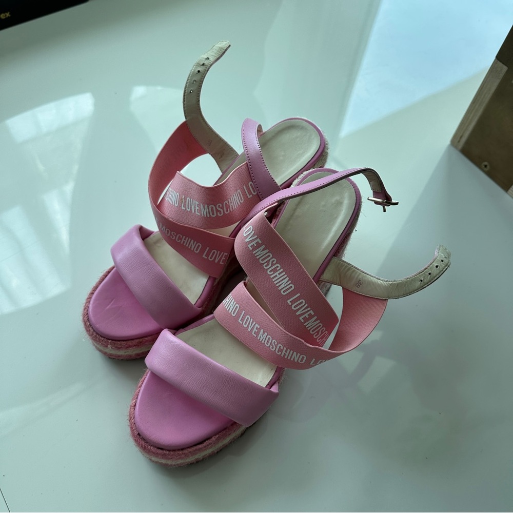 Love Moschino Pink Platform Wedge Sandals with Ankle Straps